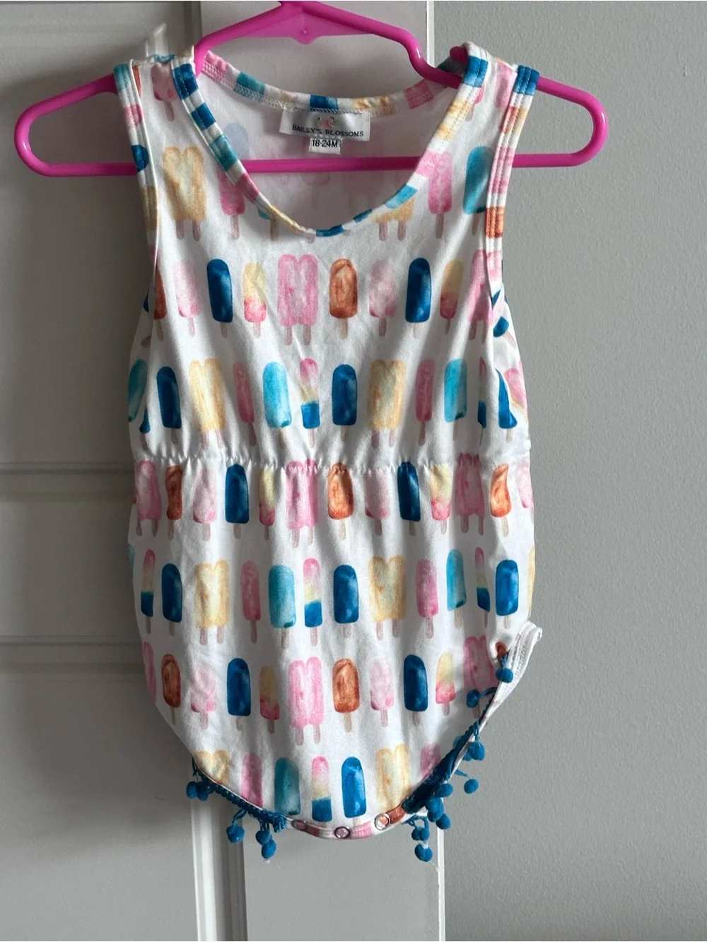 Bailey’s Blossoms Baby Girl 18-24 Months Popsicle Pom Pom Trim Summer Rompe